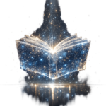 Glowing open book with sparkling light particles surrounding it